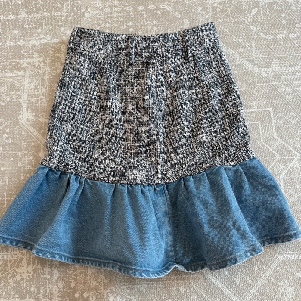 ZARA Tweed Denim Ruffle Skirt Women's XS Black White Blue - Picture 3 of 6